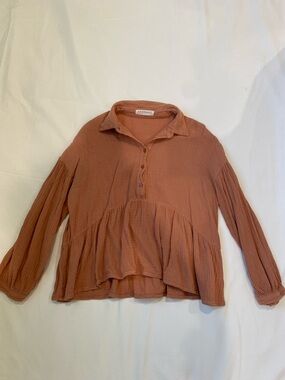 DownEast Rust-Pink Gauze Button-Down Peasant Top